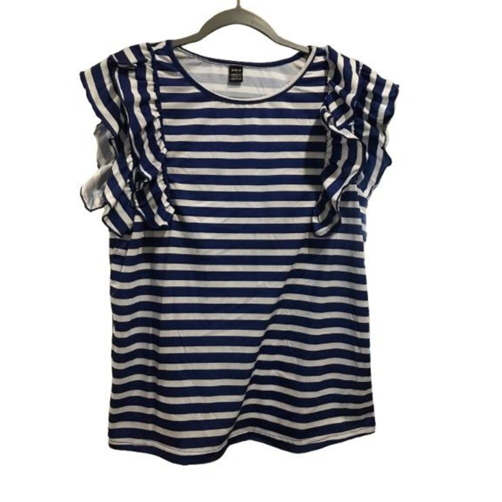 Women's Large Sleeveless Top with Ruffles Shein Blue and White Stripe